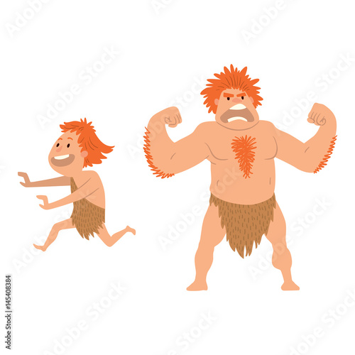 Caveman primitive stone age cartoon neanderthal people character evolution vector illustration.