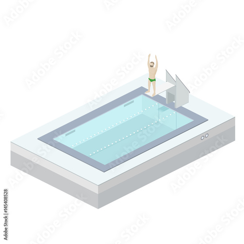 Male standing on diving board, preparing to jump and dive. Pool Isometric view isolated on white background. Vector flat illustration.