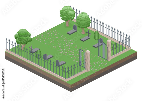 Open Gate to the old cemetery. Isometric view. Vector flat illustration.