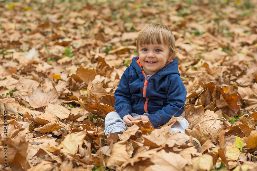 Happy little child, baby boy laughing and playing in autumn Happy little child, baby boy laughing and playing in autumn