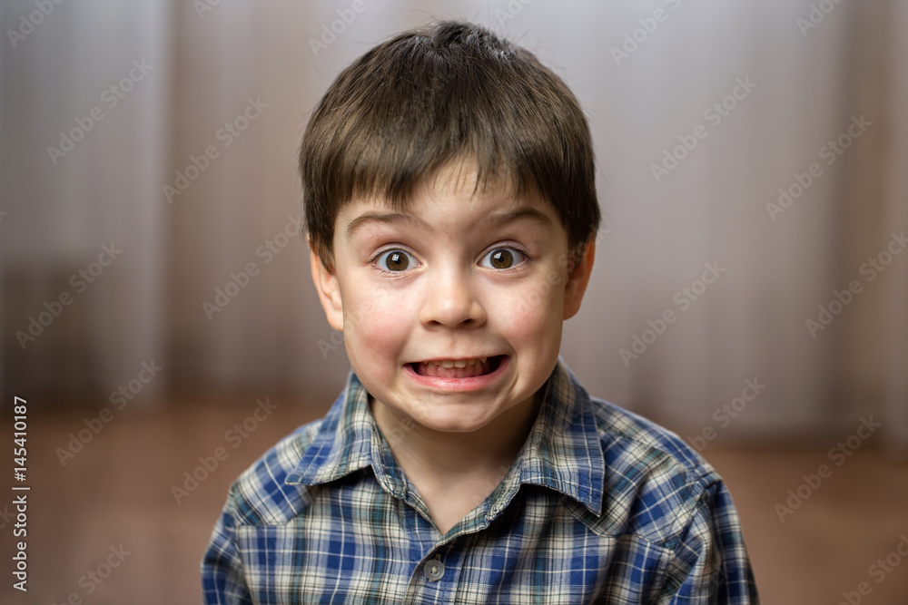 Charming boy in blue checkered shirt cute smiling looking straight at camera Charming boy in blue checkered shirt cute smiling looking straight at camera
