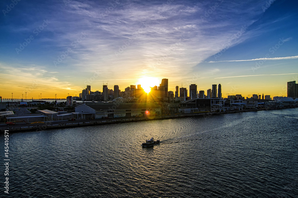 Miami skyline during sunset from the Disney Magic as it leaves the Port of Miami