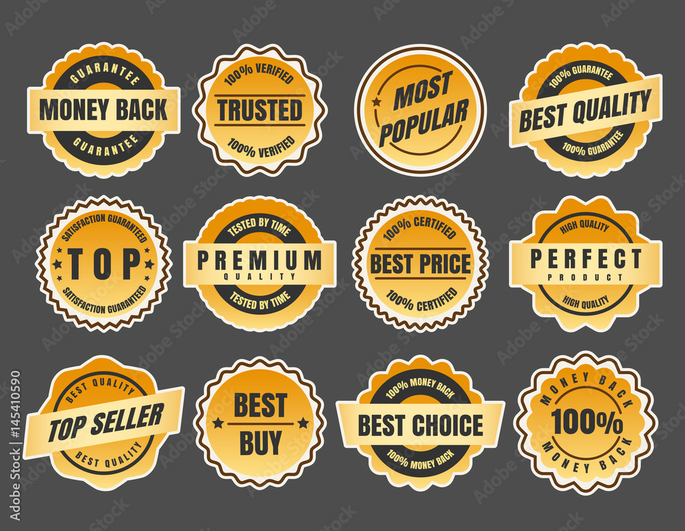 Warranty and guarantee labels. Money black stickers and best price emblems vector illustration