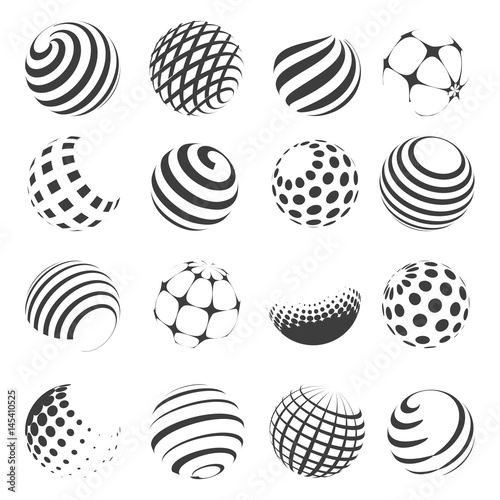 Halftone black and white sphere set isolated on white background. Vector abstract spheres with dots and stripes for logo and web designs
