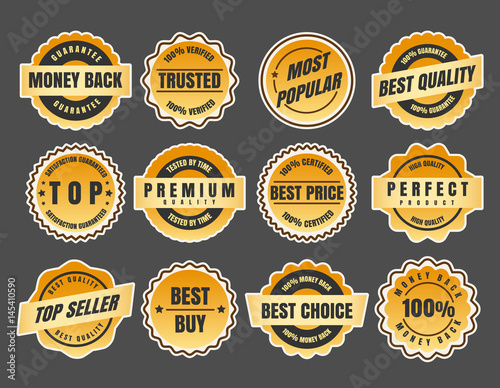 Warranty and guarantee labels. Money black stickers and best price emblems vector illustration