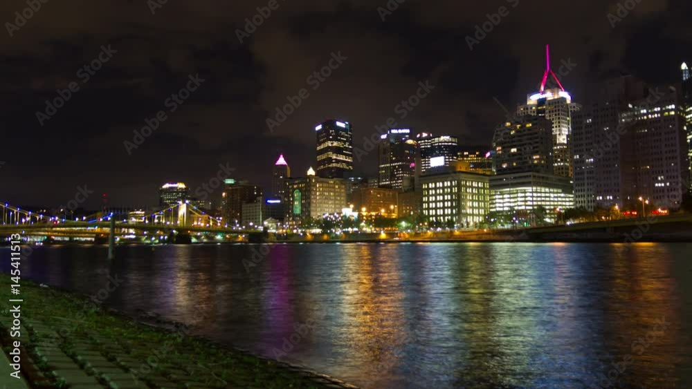 4K Scenic Night Timelapse Of Pittsburgh, Pennsylvania, USA Skyline And Bridge From Waterfront 4K Scenic Night Timelapse Of Pittsburgh, Pennsylvania, USA Skyline And Bridge From Waterfront