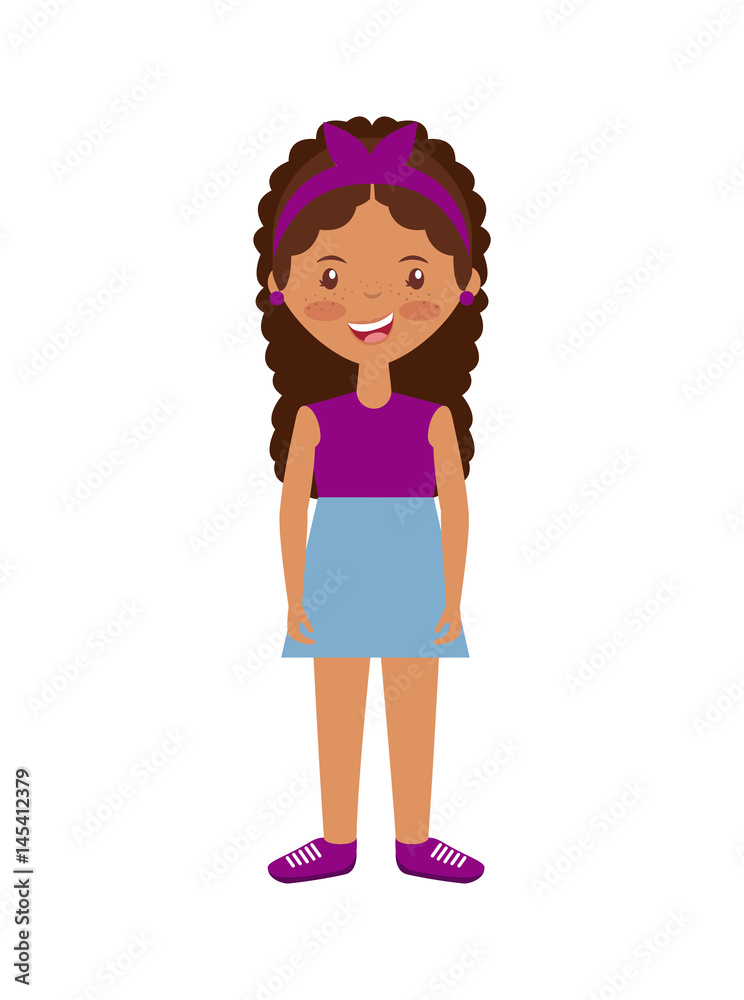 Cartoon girl smiling wearing blue skirt and purple shirt over white  background. colorful design. vector illustration Stock Vector