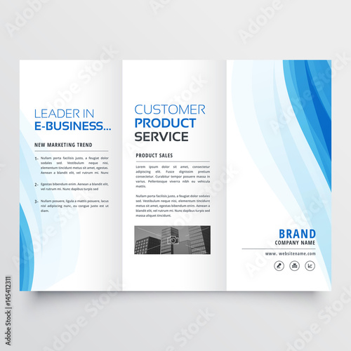 trifold brochure design template with blue wavy shapes