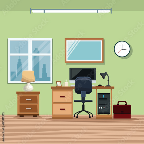 workplace desk chair computer window lamp vector illustration eps 10