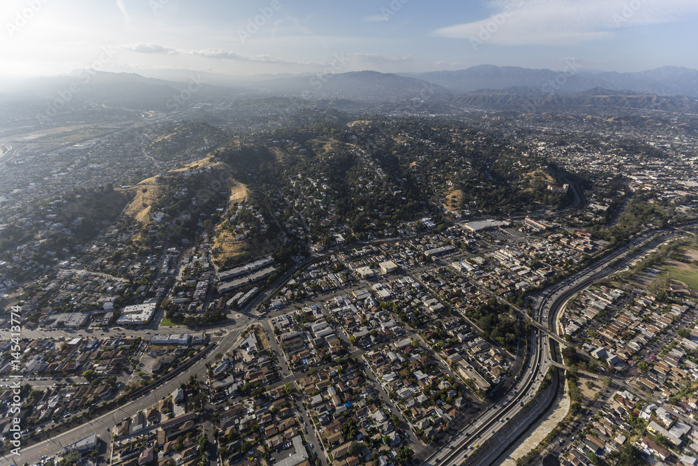 Aerial view of the Mt Washington neighborhood in northeast in Los Angeles California.  