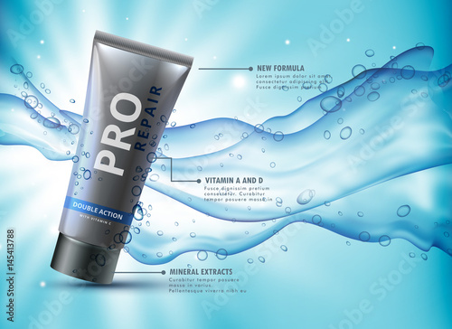 facewash advertising concept design with water splash flowing in background