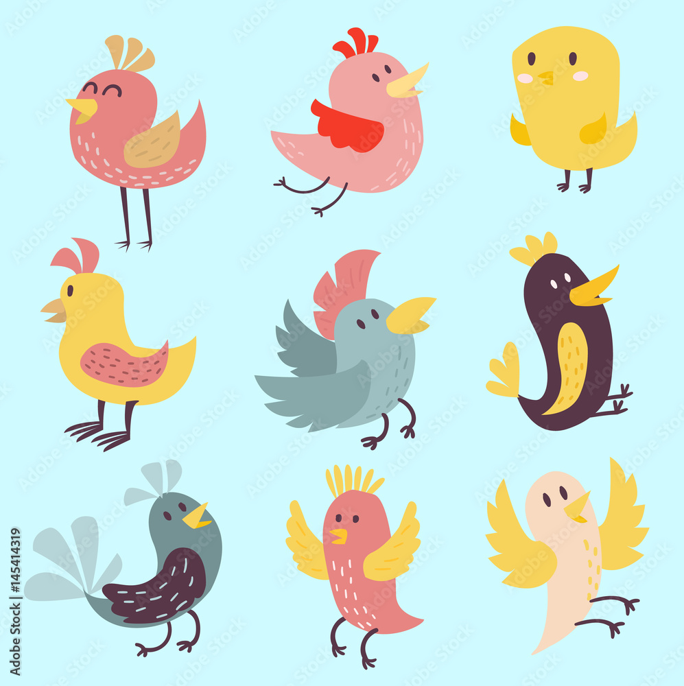 Obraz premium Cute birds vector set illustration cartoon colorful