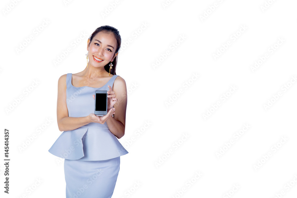 Young Business woman smile show mobile isolated on white background, model is a asian beauty Young Business woman smile show mobile isolated on white background, model is a asian beauty