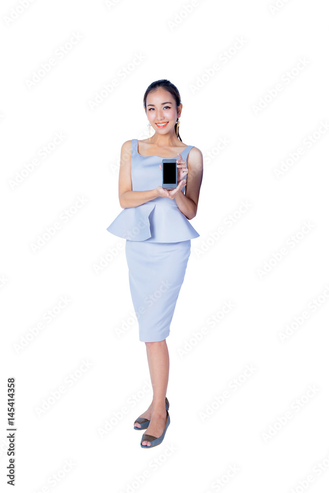 Young Business woman smile show mobile isolated on white background, model is a asian beauty Young Business woman smile show mobile isolated on white background, model is a asian beauty