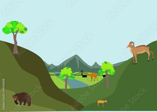 Flat vector illustration of nature  hills and mountain with animals