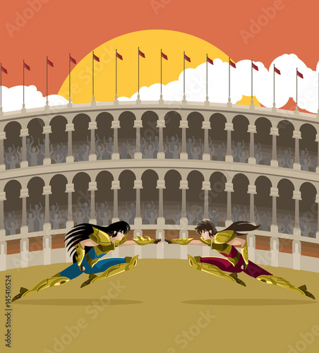 Vászonkép two gladiators knights clash fighting in coliseum arena