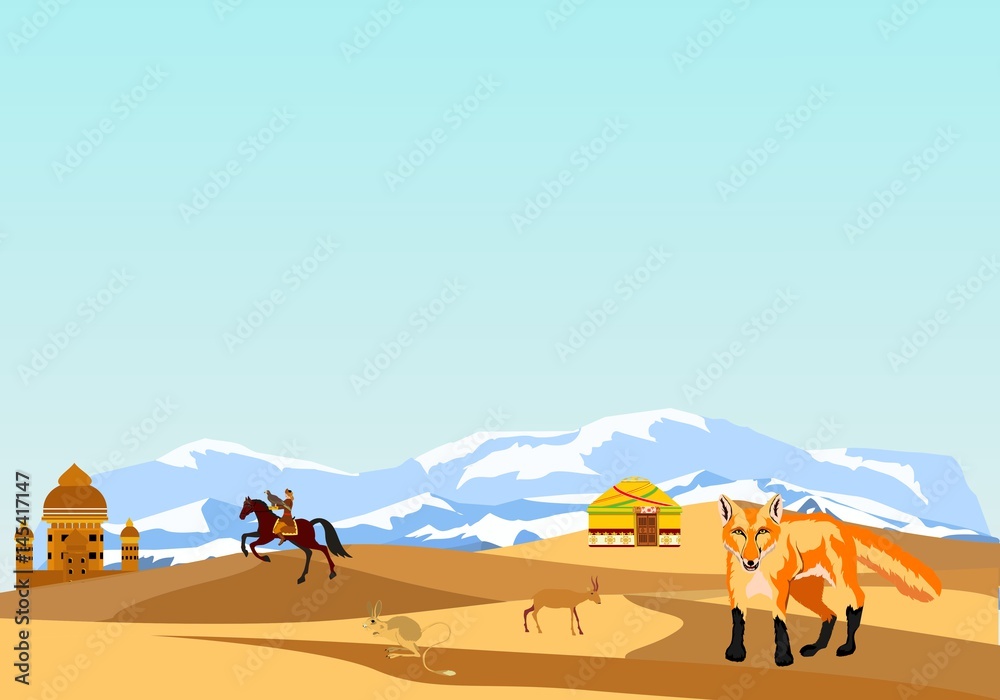 Fox in desert, vector wildlife landscape