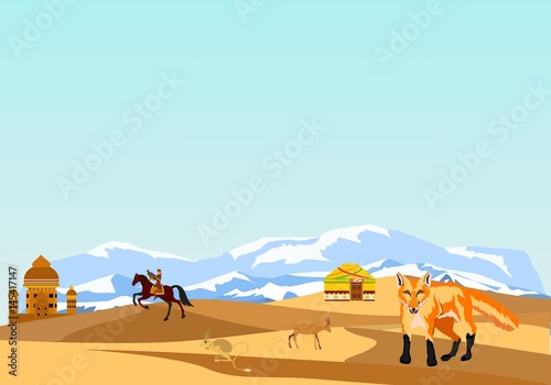 Fox in desert, vector wildlife landscape