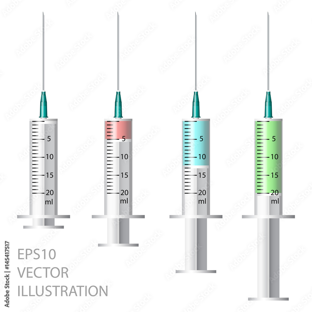 Medical syringe. Set of disposable plastic syringes for injections. .