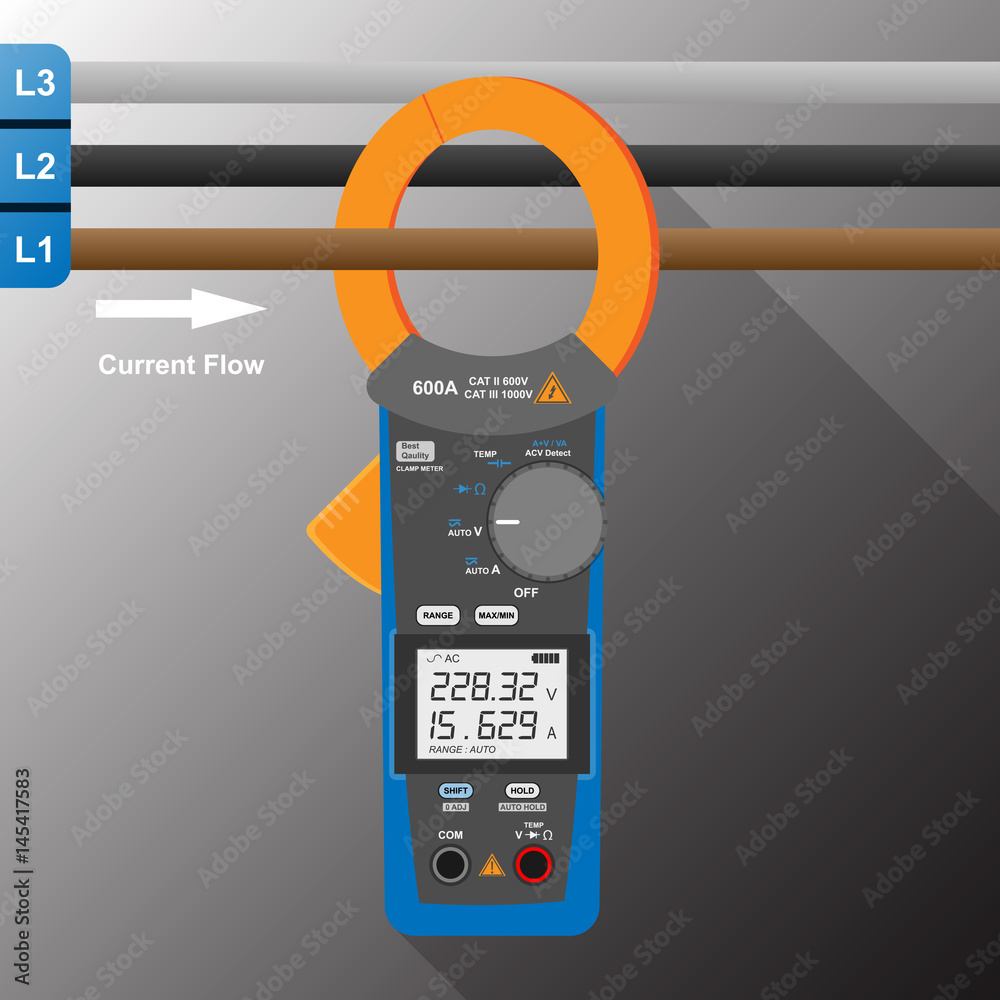 Onaangeroerd bemanning Bijlage current clamp meter and digital multimeter measure 3 phase line Stock  Vector | Adobe Stock