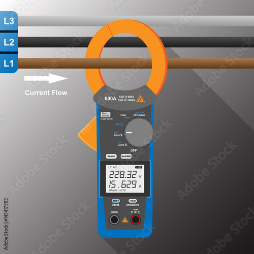 current clamp meter and digital multimeter measure 3 phase line photo
