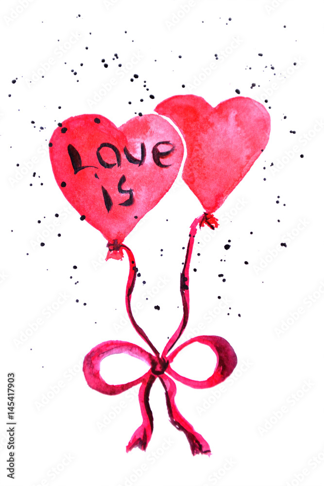 Two balloons in the form of a heart tied with a ribbon with the inscription Love