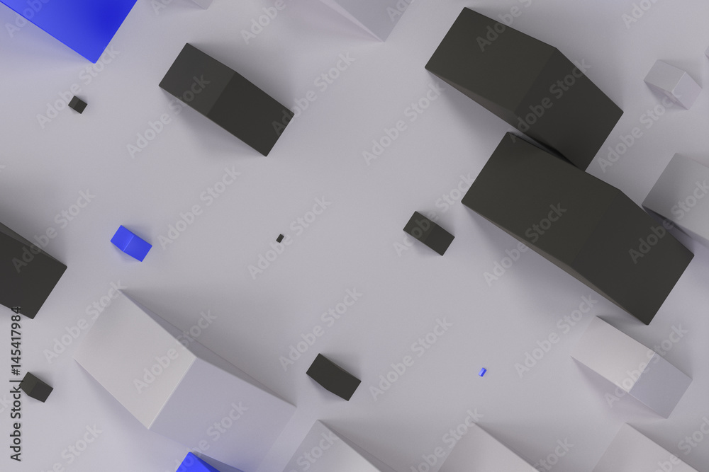 Black, white and blue rectangular shapes of random size on white background Black, white and blue rectangular shapes of random size on white background