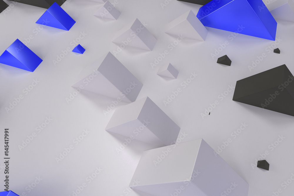 Black, white and blue rectangular shapes of random size on white background Black, white and blue rectangular shapes of random size on white background