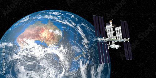 Fototapeta Naklejka Na Ścianę i Meble -  Extremely detailed and realistic 3d image of ISS international space station orbiting Earth. Shot from outer space. Elements of this image have been furnished by nasa.