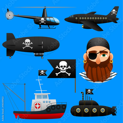 Collection of pirate transport, set of aircraft and boats with pirate symbols.