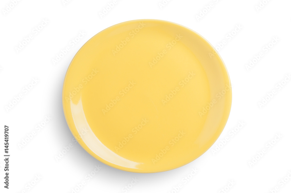 Empty yellow oval plate on white background, clipping path included.