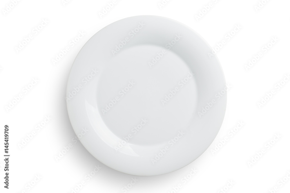 Empty white round plate on white background, clipping path included. Empty white round plate on white background, clipping path included.