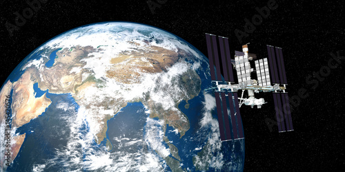 Fototapeta Naklejka Na Ścianę i Meble -  Extremely detailed and realistic 3d image of ISS international space station orbiting Earth. Shot from outer space. Elements of this image have been furnished by nasa.