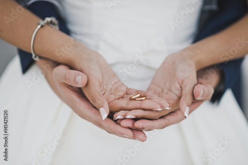 Arms of hands of Bridal couple with wedding rings 7701.