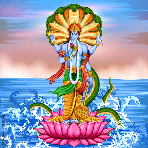 Lord Vishnu standing on lotus giving blessing photo