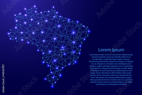 Map of Brazil from polygonal blue lines and glowing stars vector illustration
