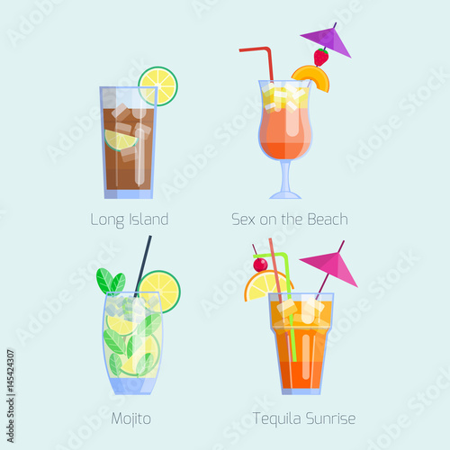 Set of alcoholic cocktails isolated fruit cold drinks tropical cosmopolitan freshness collection and party alcohol sweet tequila vector illustration.
