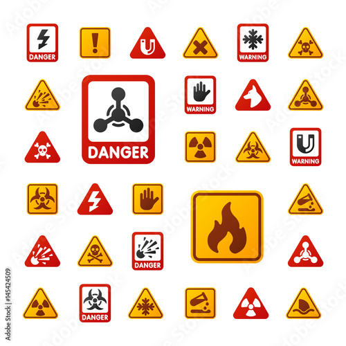 Prohibition signs set industry production vector yellow red warning danger symbol forbidden safety information and protection no allowed caution information.