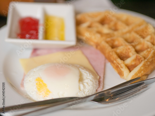 Wallpaper Mural Egg, bacon, bread, sauce in white plate. It is a popular breakfast. Torontodigital.ca
