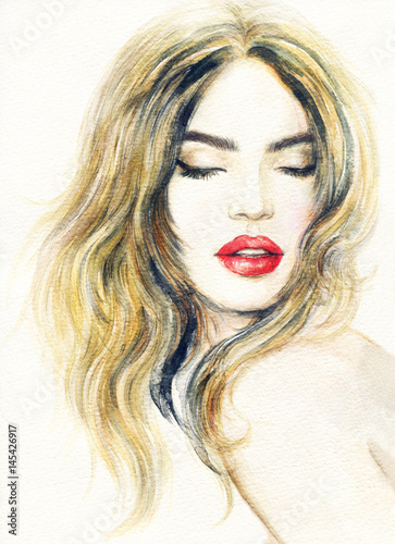 Beautiful woman face. Make up. Fashion illustration. Watercolor painting