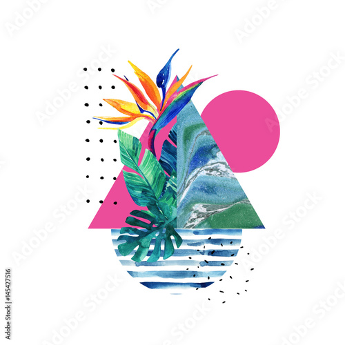 Abstract summer geometric elements with exotic flower and leaves