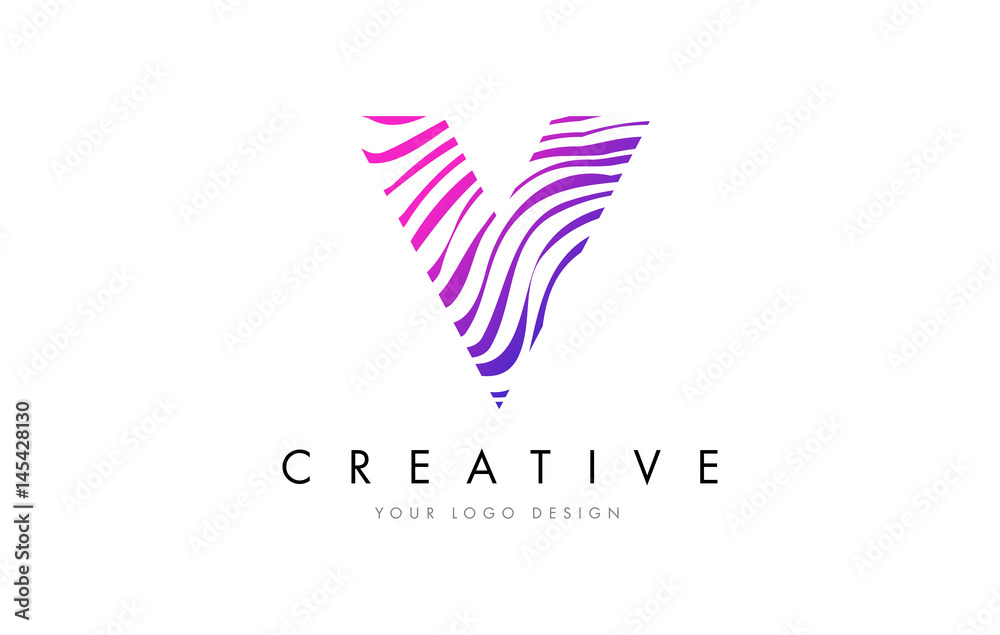 V Zebra Lines Letter Logo Design with Magenta Colors V Zebra Lines Letter Logo Design with Magenta Colors