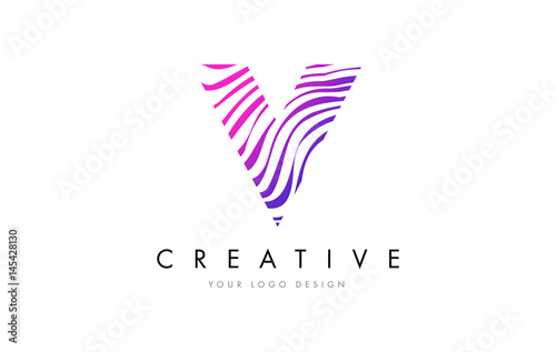 V Zebra Lines Letter Logo Design with Magenta Colors