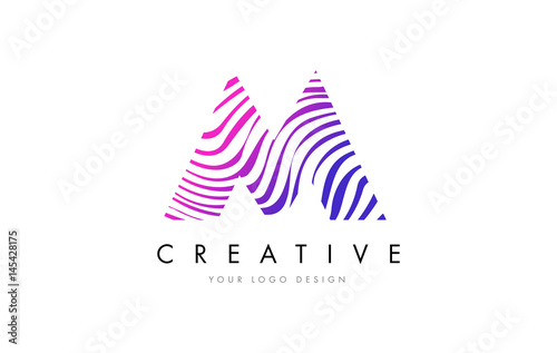 M Zebra Lines Letter Logo Design with Magenta Colors