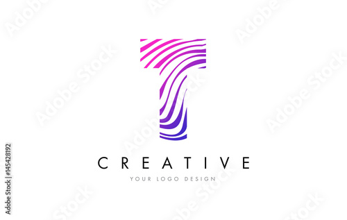 T Zebra Lines Letter Logo Design with Magenta Colors