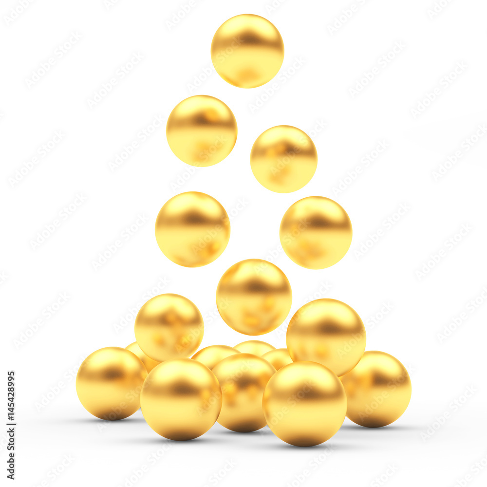 Pile of falling shining golden spheres isolated on white. 3D illustration Pile of falling shining golden spheres isolated on white. 3D illustration