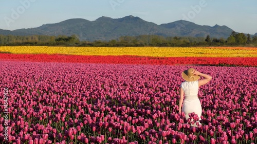Fotografie Woman on colourful tulip fields