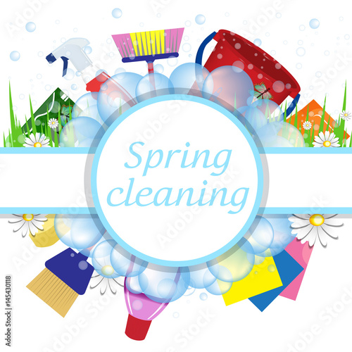 Concept spring cleaning service. Tools for cleanliness and disinfection. Soap bubbles frame. Vector illustration.