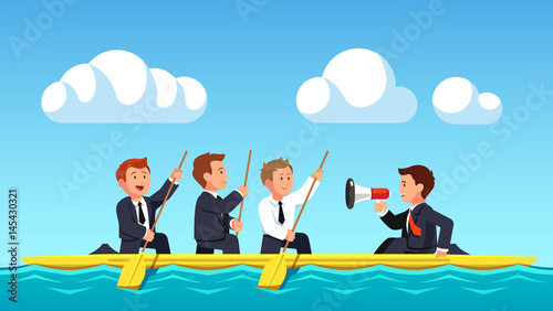 Business man rowing under the guidance of leader