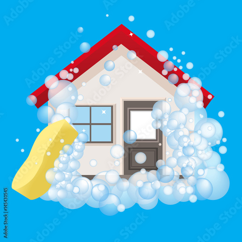 Conceptual logo and the poster for cleaning. The house in foam. Sign cleaning service on a blue background. Vector